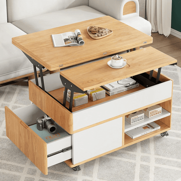 Multifunctional Lift-Top 31" Rectangle Coffee Table with Natural Wood Finish and Sturdy Iron Base